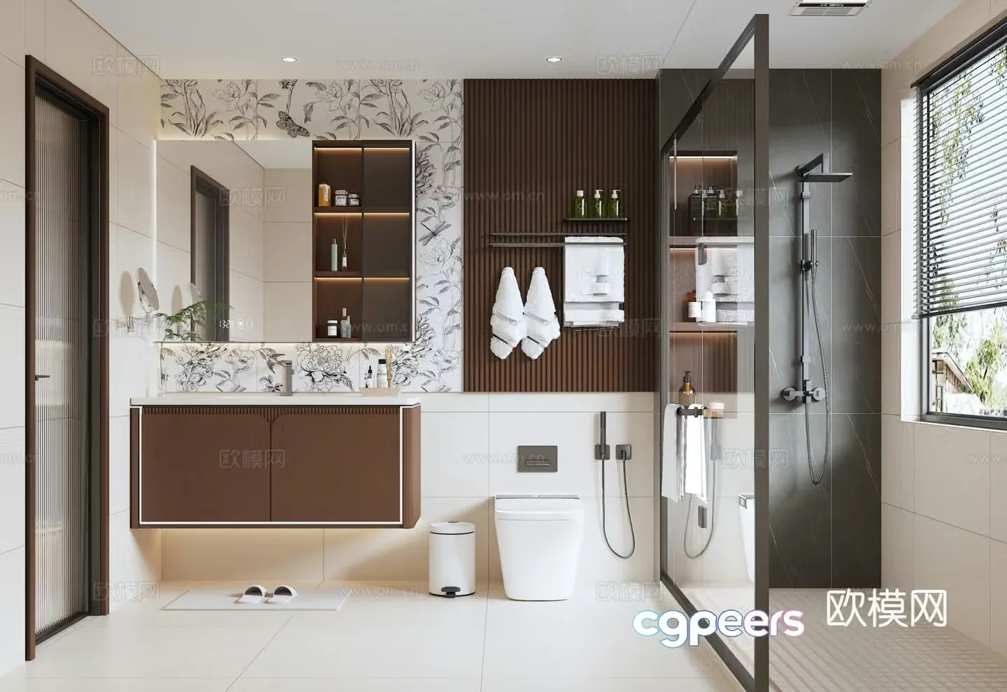 Modern medieval style bathroom bathroom cabinet toilet towel rack sliding door shower 3d model