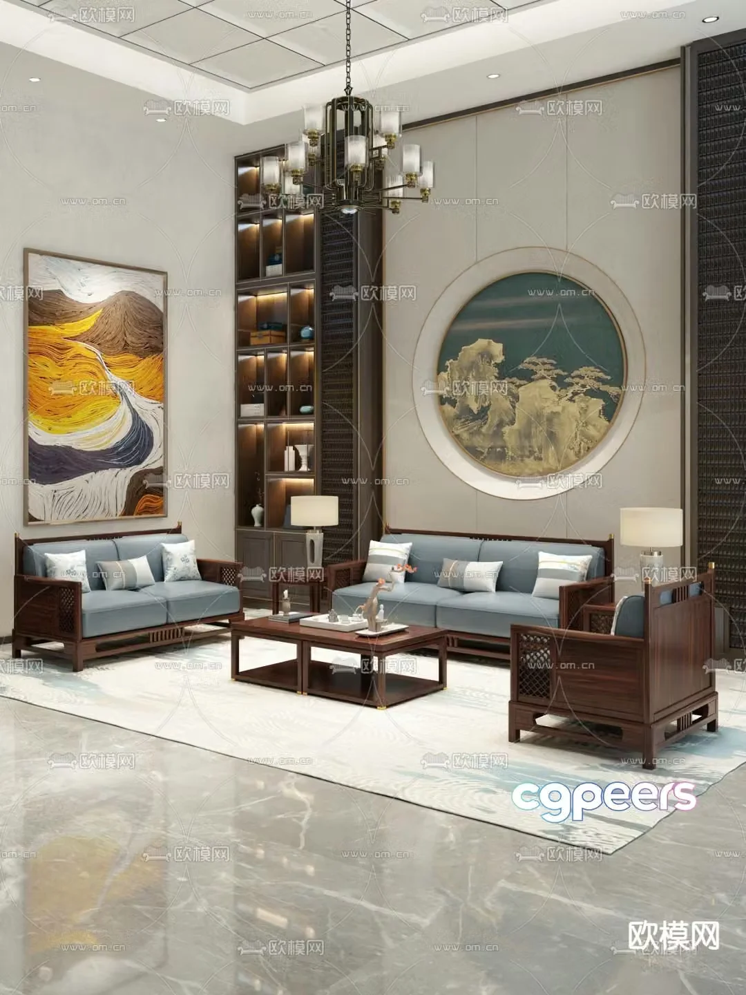 Chinese style modular sofa living room 3d model