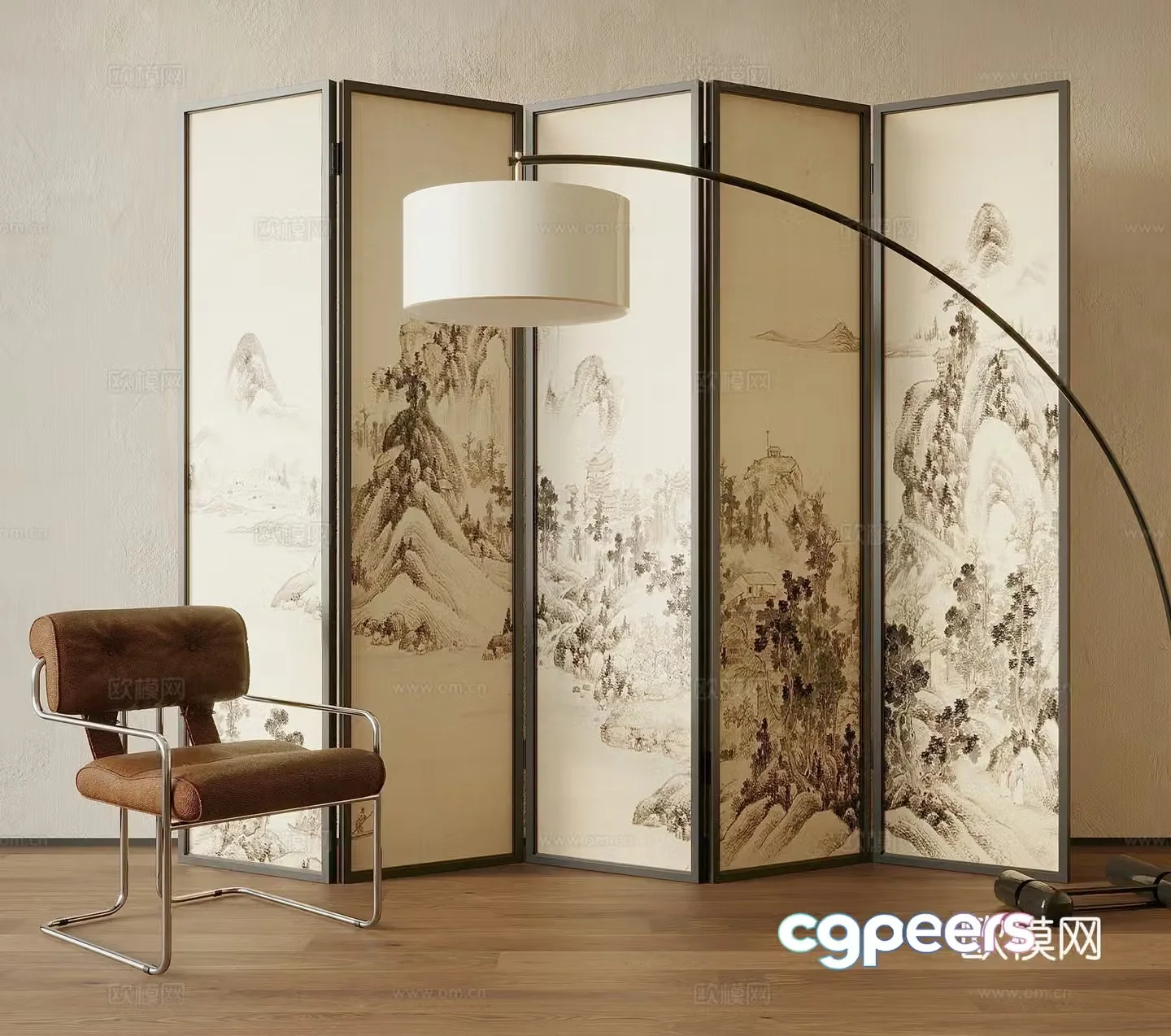 Middle style screen partition leisure chair floor lamp 3d model