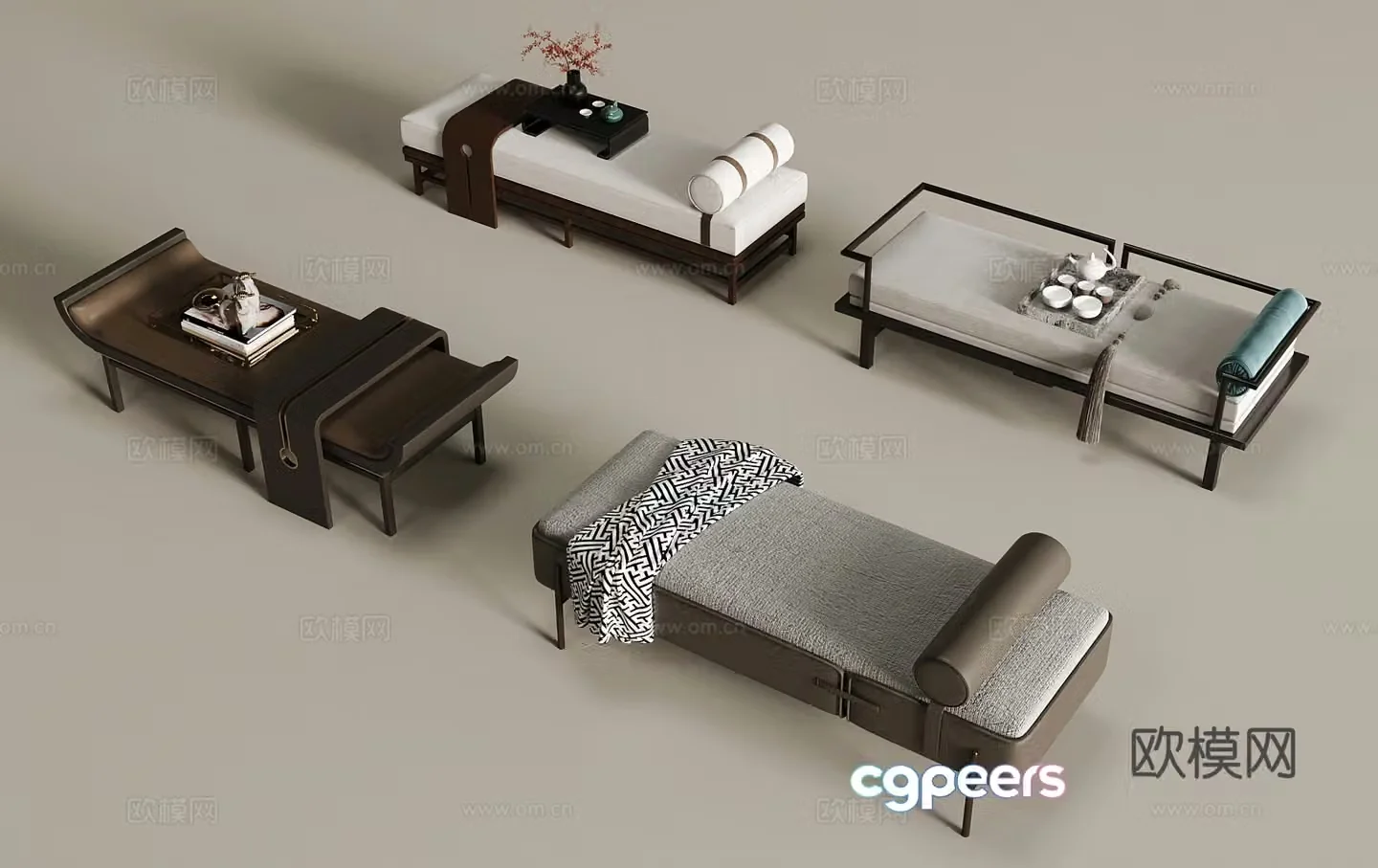 Bed tail stool New Chinese style bed stool 3D model