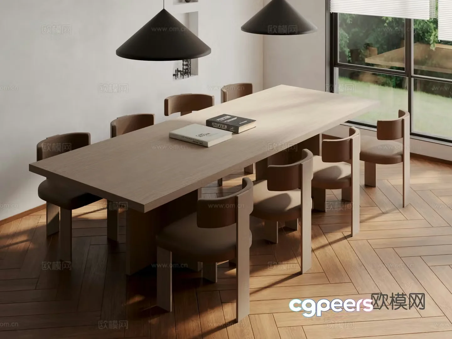 Modern solid wood dining table and chairs 3d model
