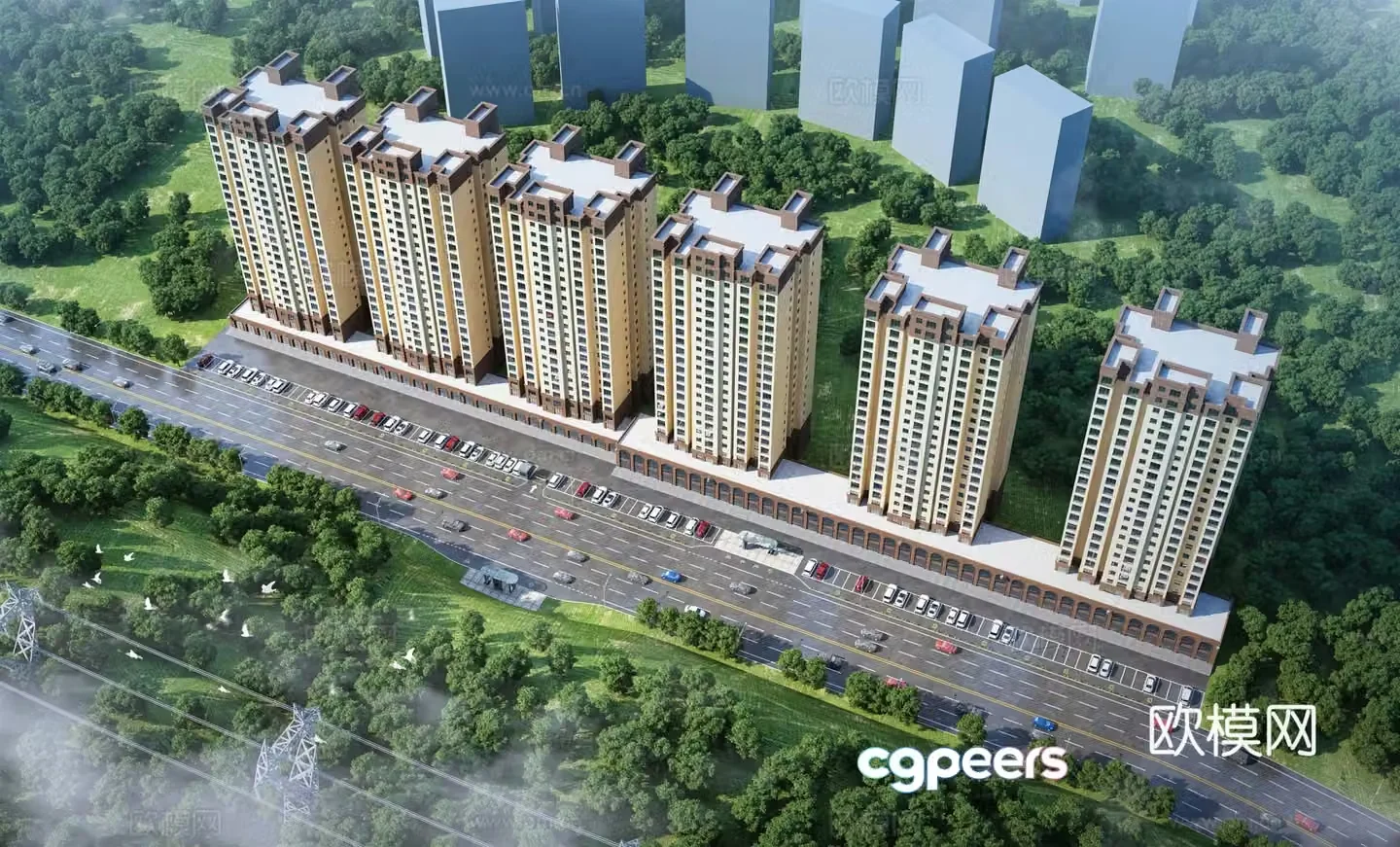 Aerial view 3d model of modern high-rise residential building