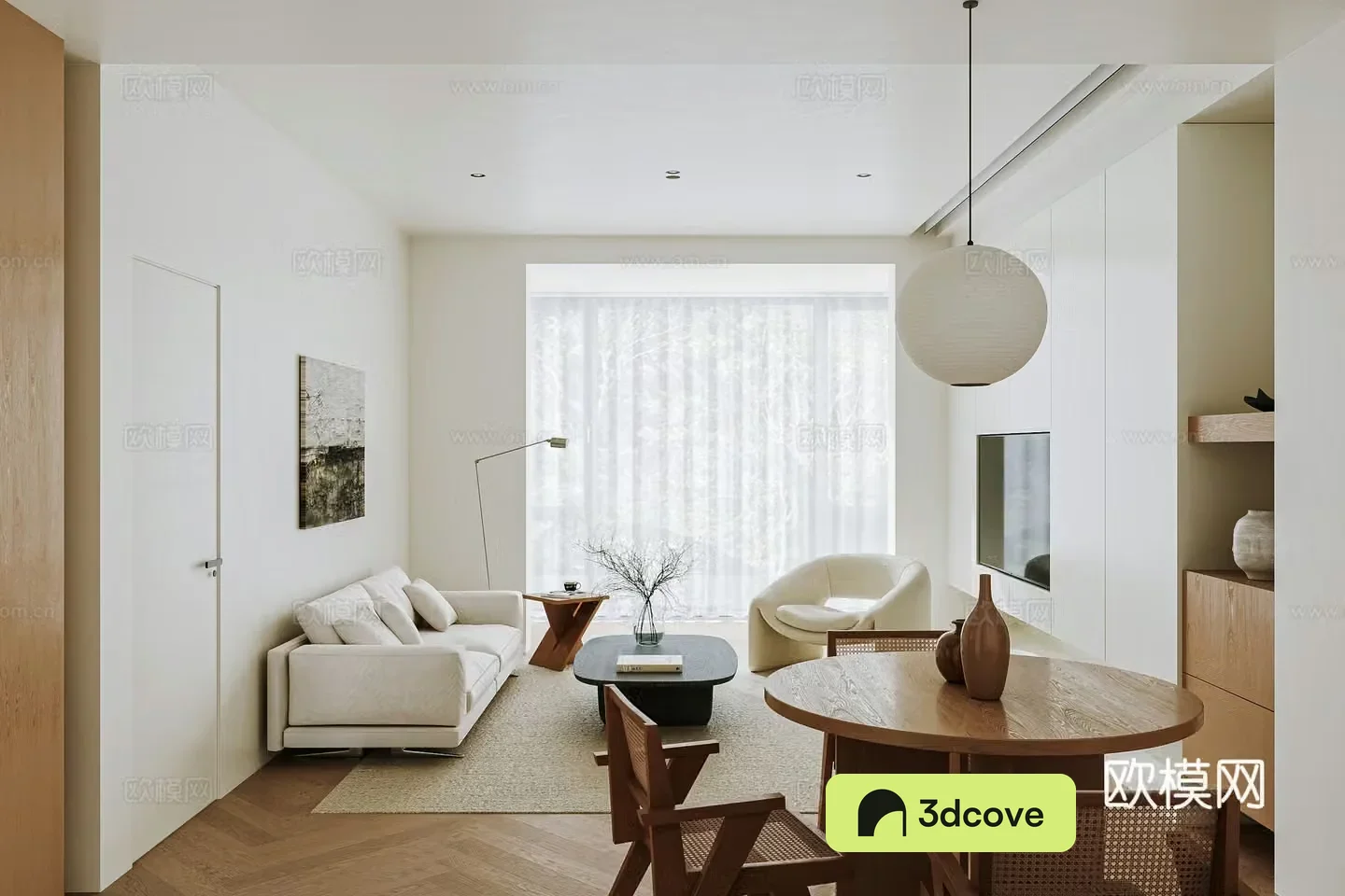 Modern log living room and dining room Wasabi dining table rattan chair without owner light vertical hall design Log Wasabi 3D model