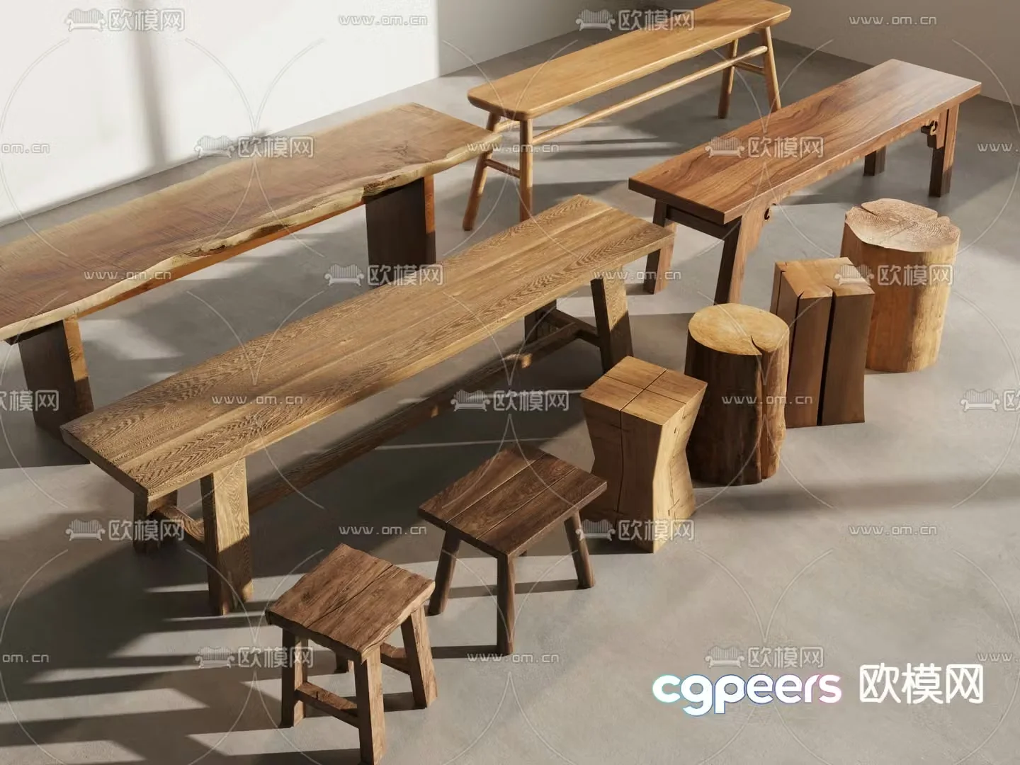Chinese stool bench round stool square stool wooden pile 3D model