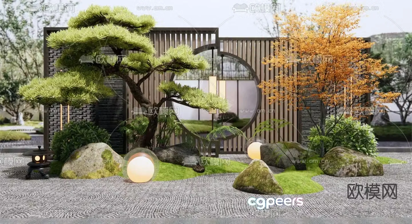New Chinese style landscape wall courtyard sketch 3D model