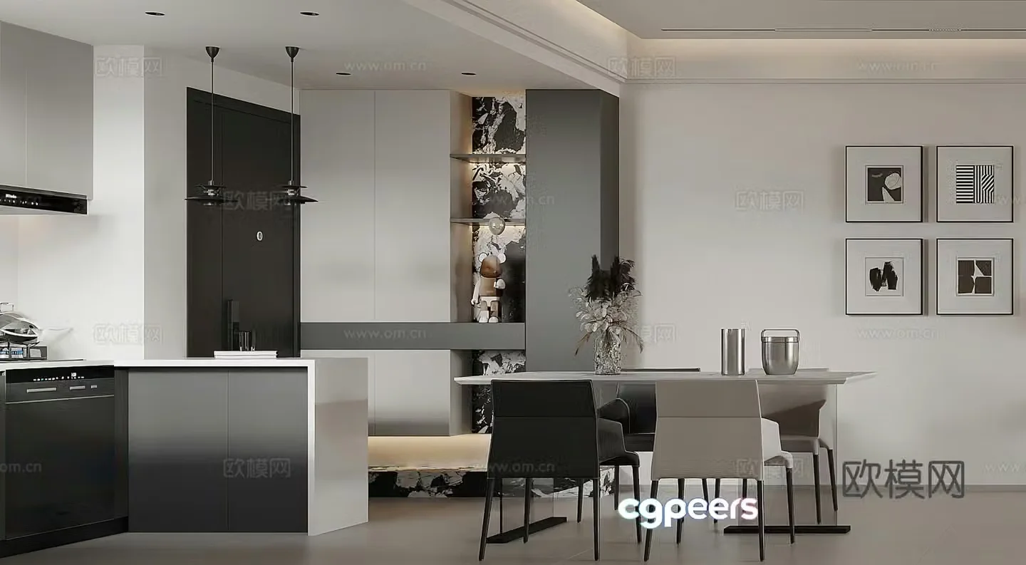 Modern restaurant bar shoe cabinet wine cabinet dining table high-end gray restaurant black and white gray restaurant 3d model