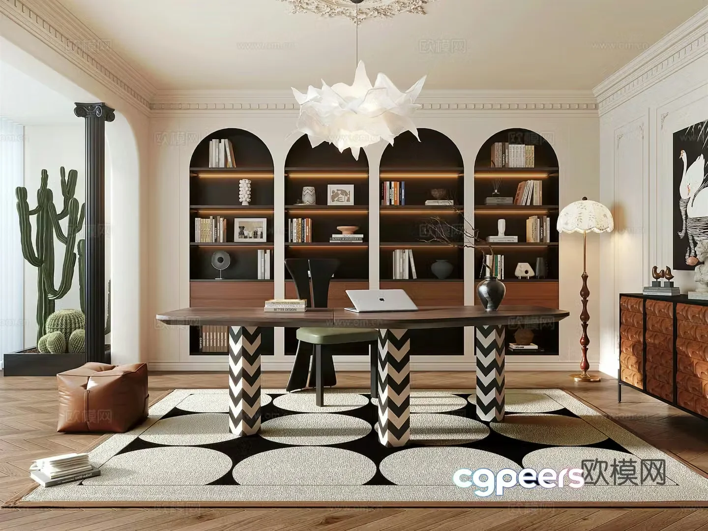 French medieval style study bookcase desk chair study chandelier cactus French fall 3D model