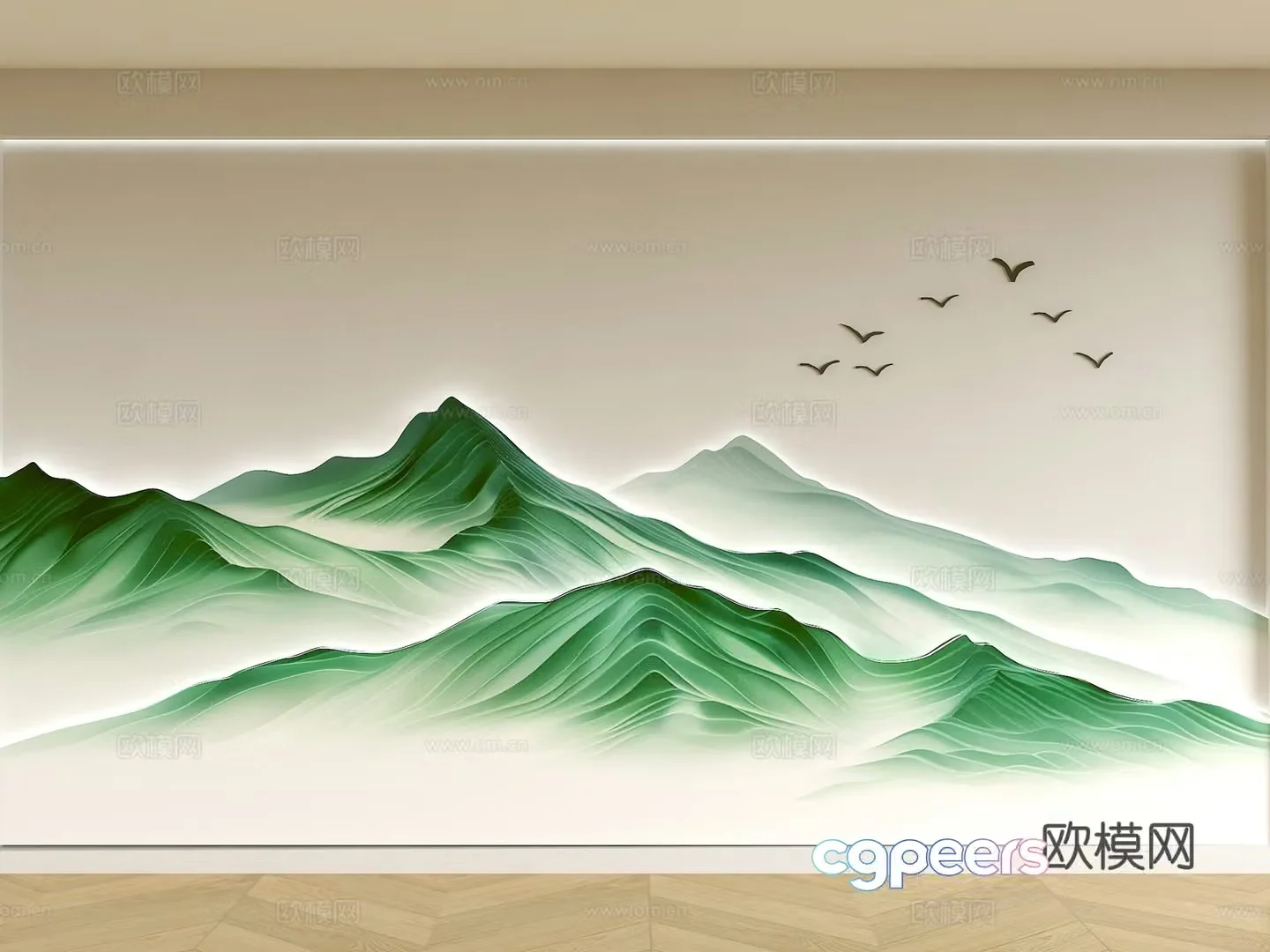 New Chinese style landscape background wall Living room background wall Sofa background wall Landscape line background wall Wave 3d model