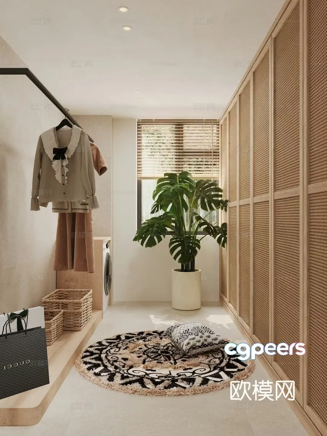 Cloakroom Log Brushroom Open Clothes Green Plant Carpet Washing Machine Clothes 3D Model