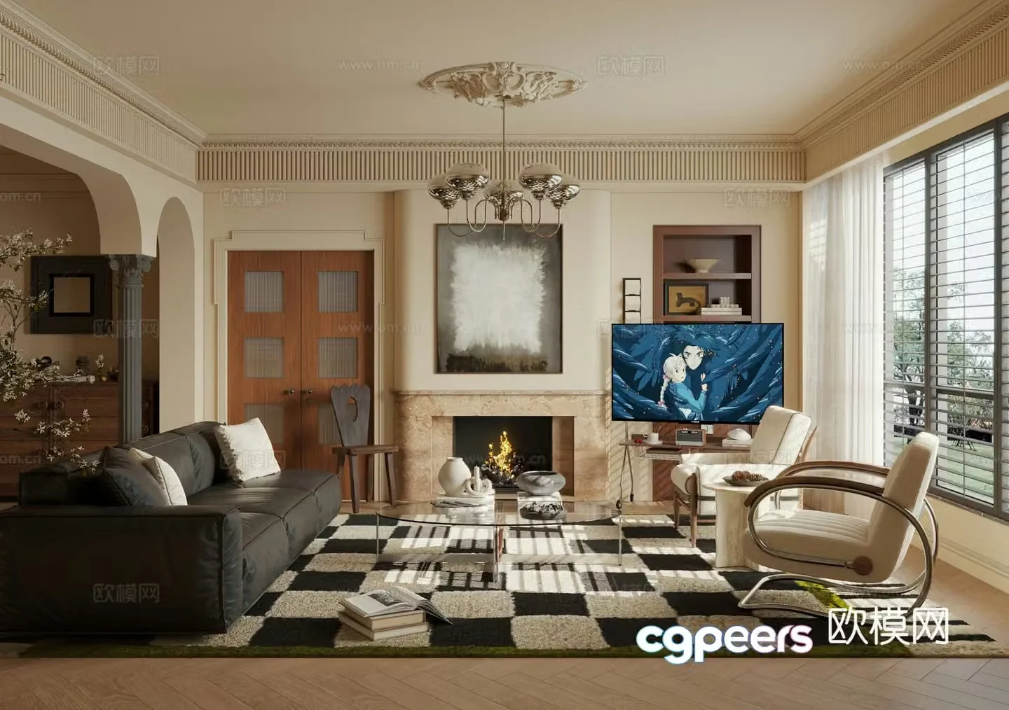 French medieval style living room horizontal hall small apartment 3D model