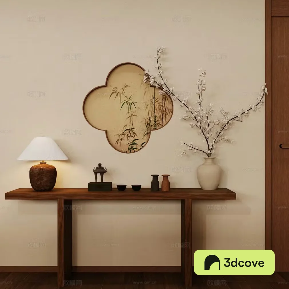 New Chinese style plan New Chinese style entrance hall Entrance door case Solid wood strip case End view cabinet Chinese frame scene