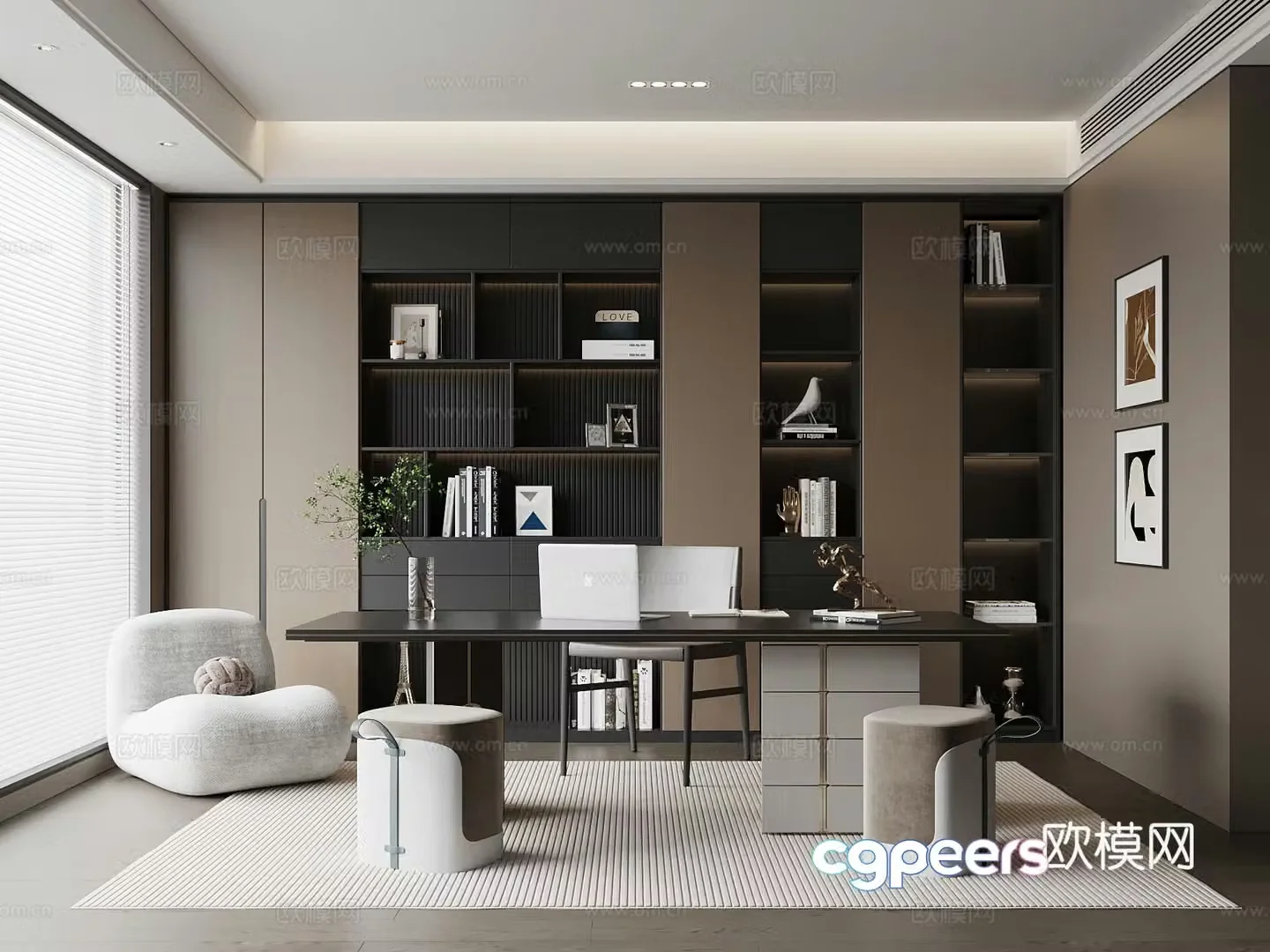 Italian minimalist bookcase desk chair leisure chair 3d model