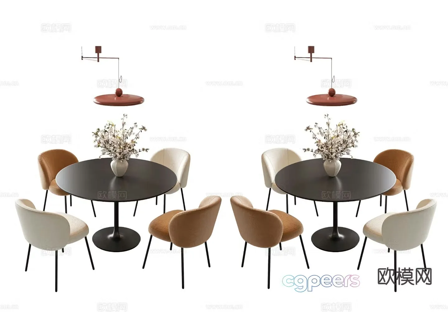 Cream style dining table and chairs round dining table 3d model