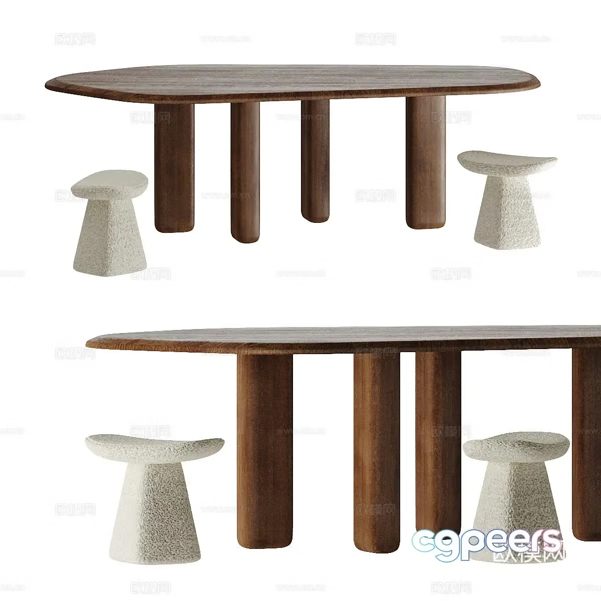 Middle style ROUGH dining table and chair combination 3D model