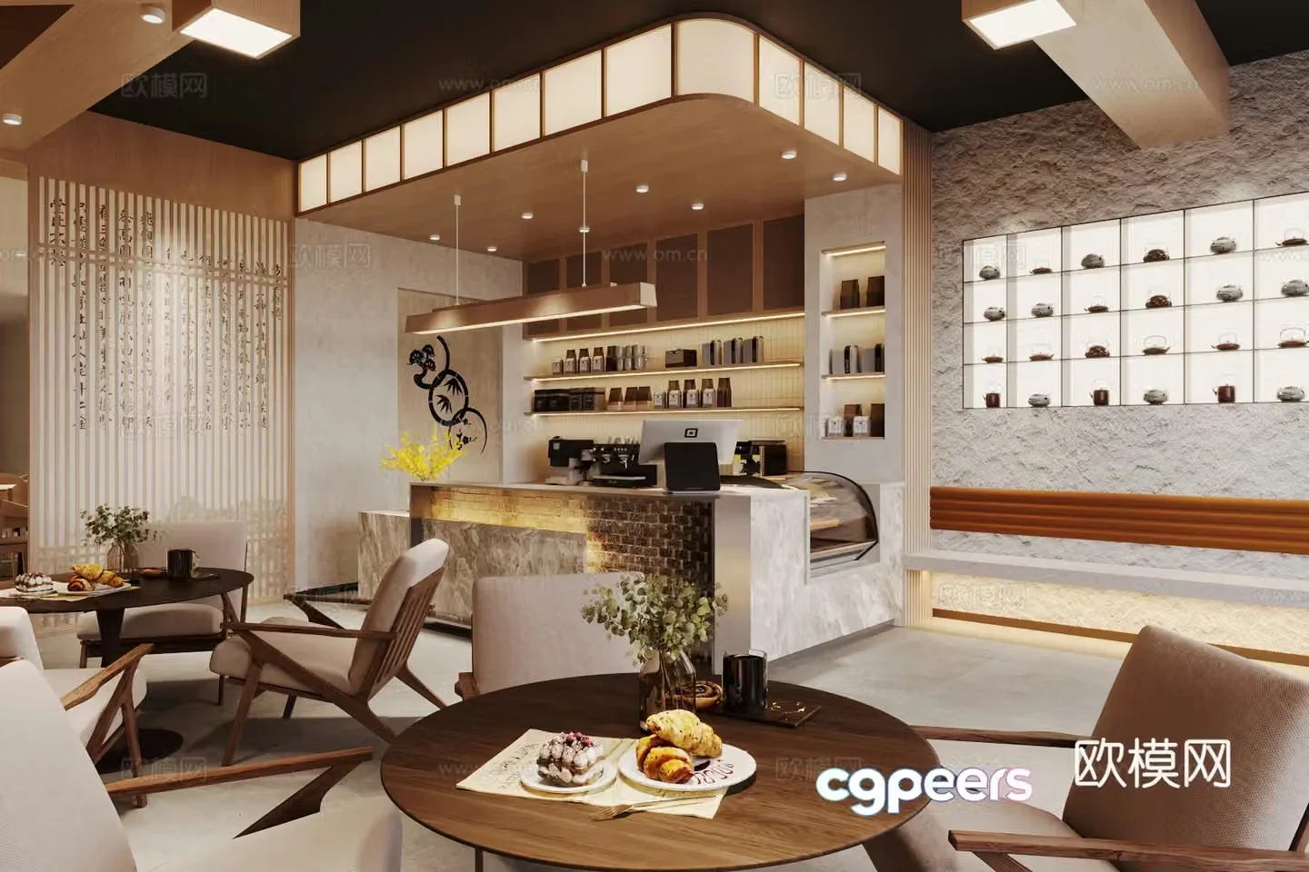 Log-style teahouse coffee shop milk tea shop coffee table and chairs teahouse operation table and workbench 3D model