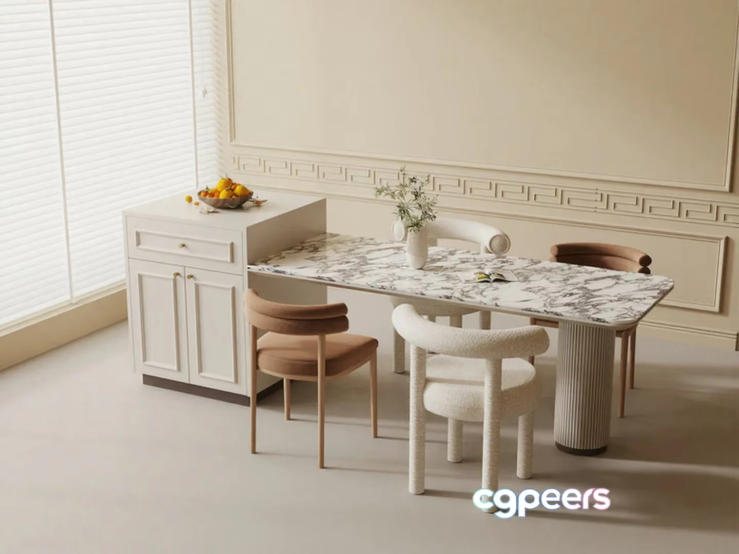 A White Marble Dining Table 3D Model – 17903 – VRAY Render