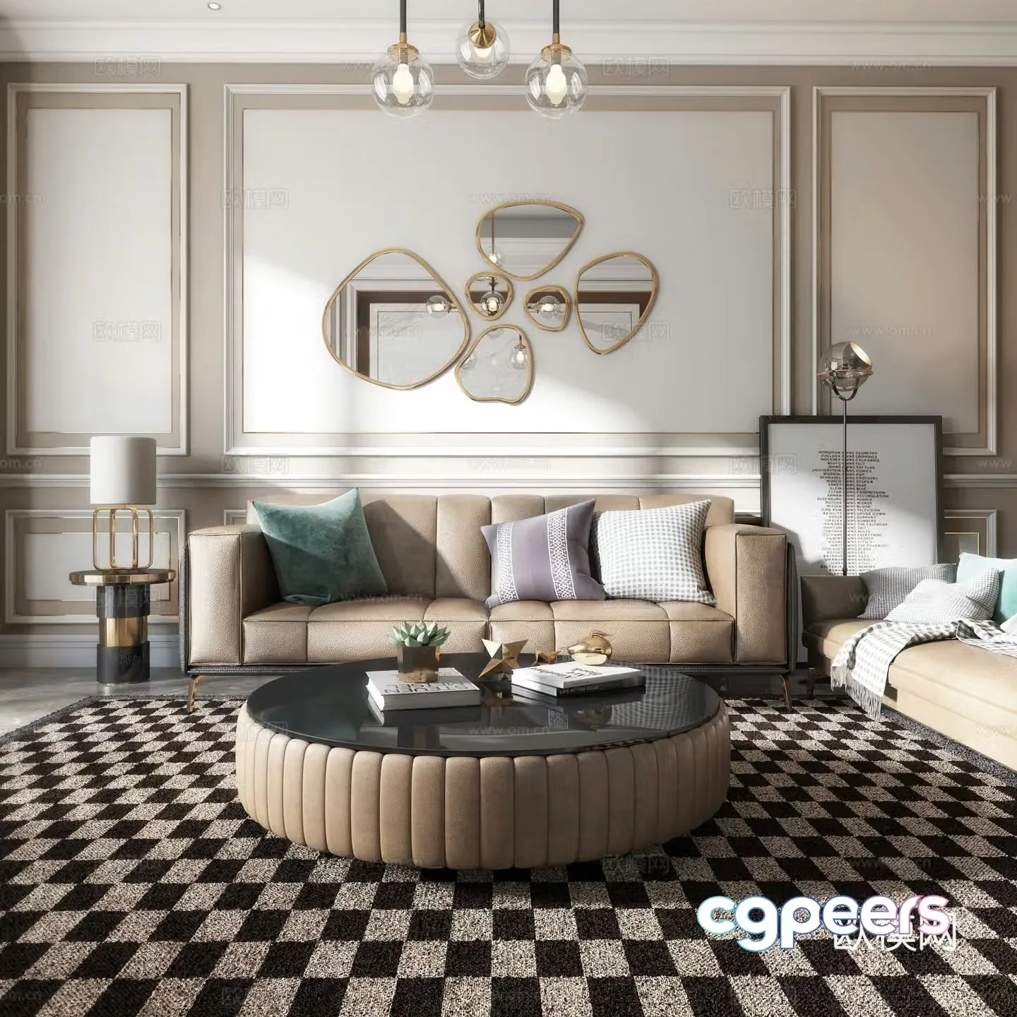 Postmodern living room sofa coffee table chandelier wall decoration TV cabinet 3d model