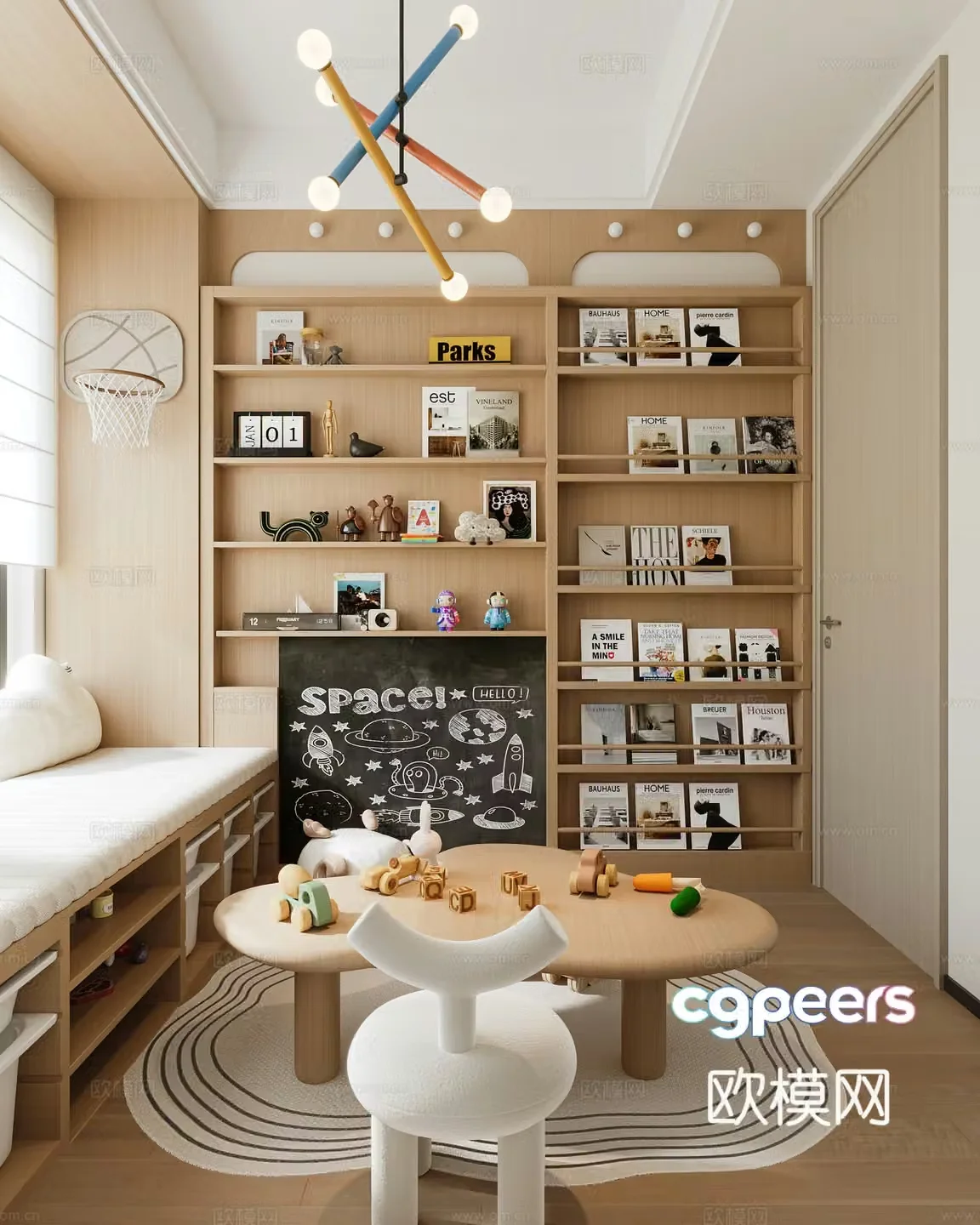 Children’s activity room Reading room Study room Bookshelf Blackboard Balancing window Table Low stool 3D model