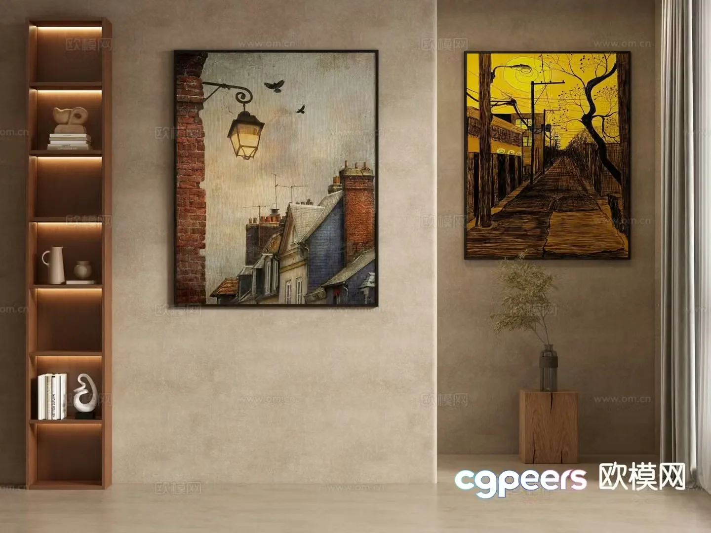 Medieval style oil painting architecture decorative painting hanging painting 3D model