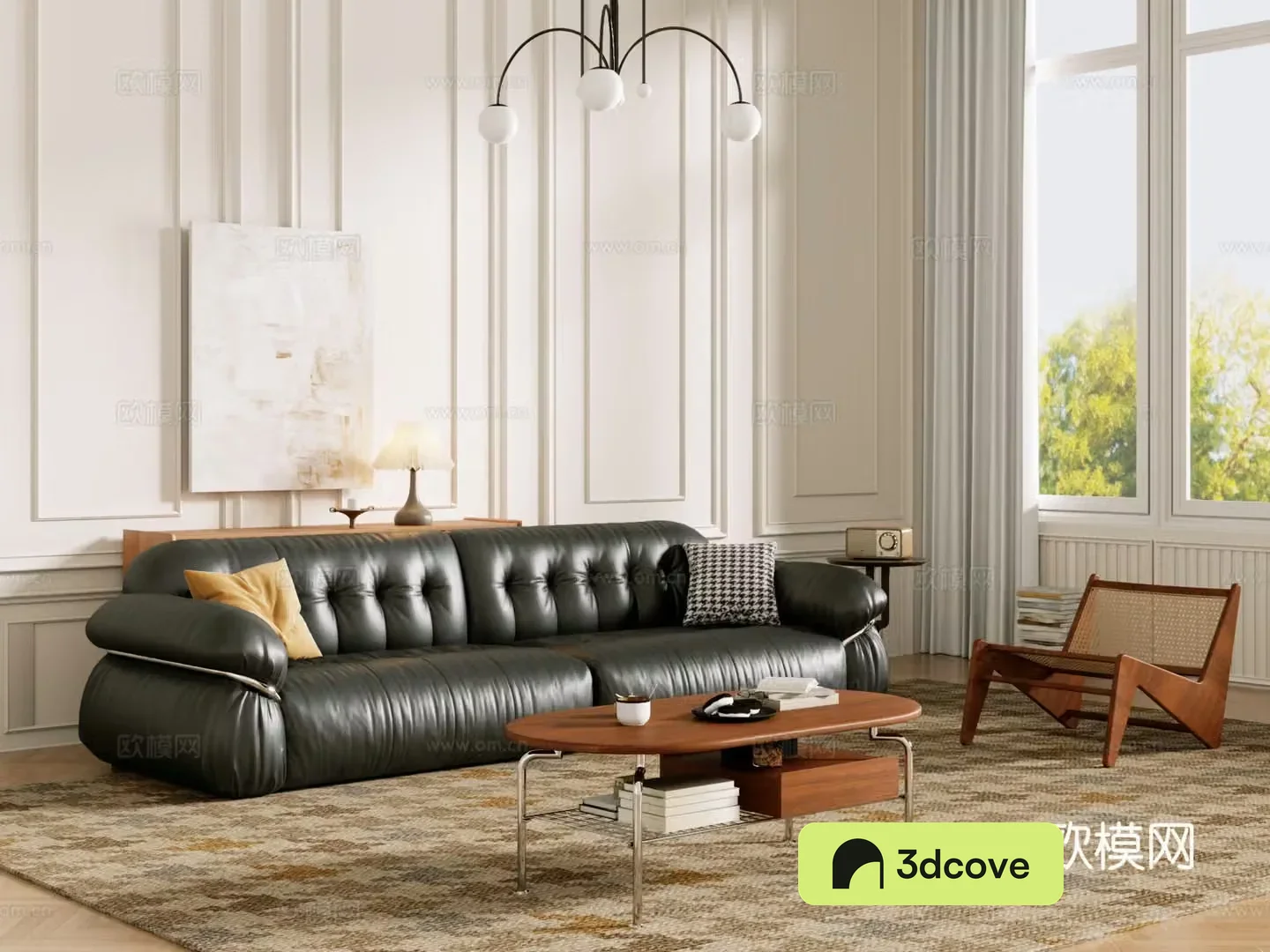 Middle-aged sofa combination coffee table carpet multi-person sofa 3D model