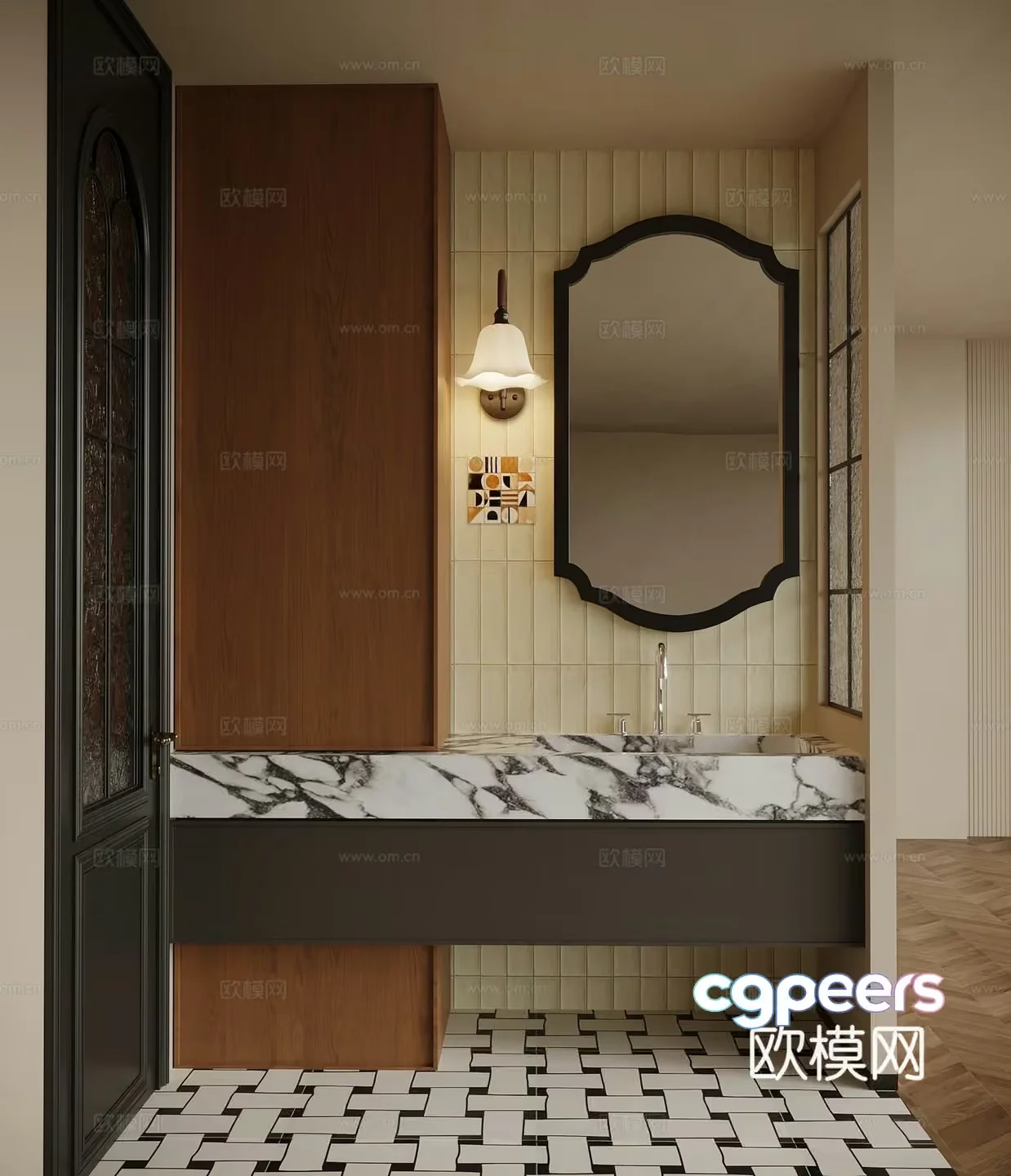 A Bathroom With A Marble Sink And A Large Mirror 3D Model – 857 – VRAY Render