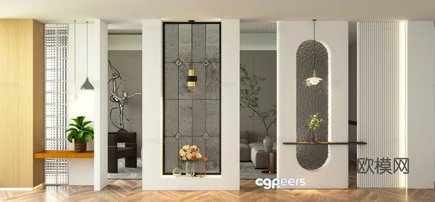 Modern screen entrance glass partition entrance hall landscaping 3D model