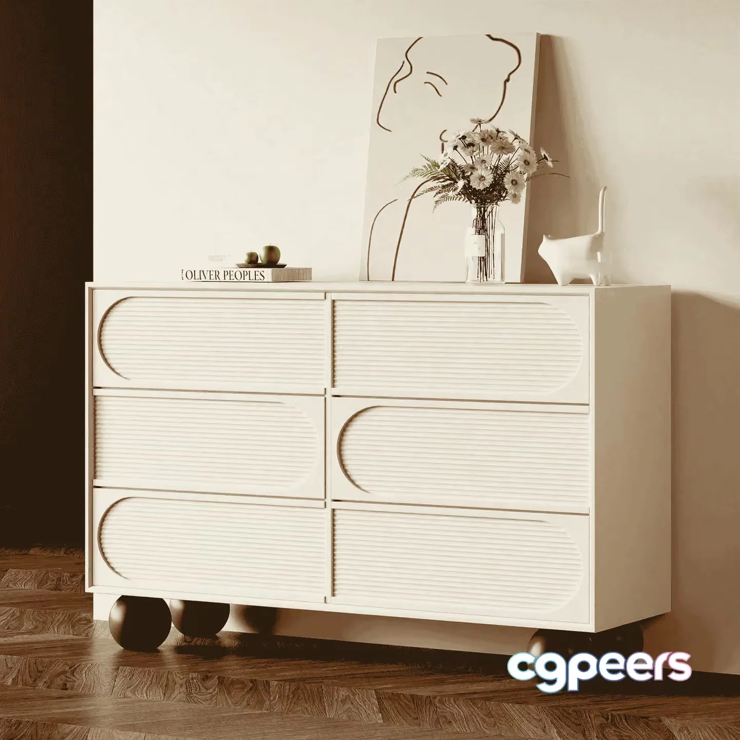 A White Dresser With Ball Feet 3D Model – 15502 – VRAY Render