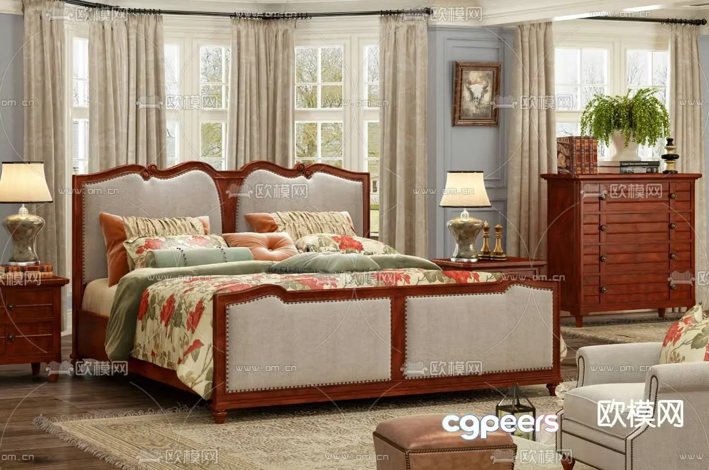 American double bed 3d model