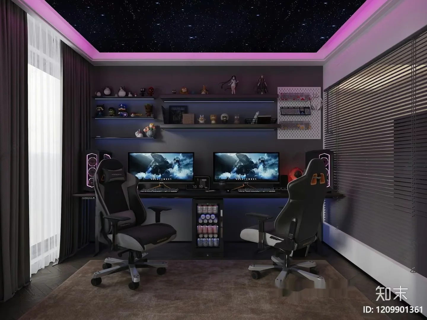 A Gaming Room With A Desk And Two Chairs 3D Model – 22821 – VRAY Render