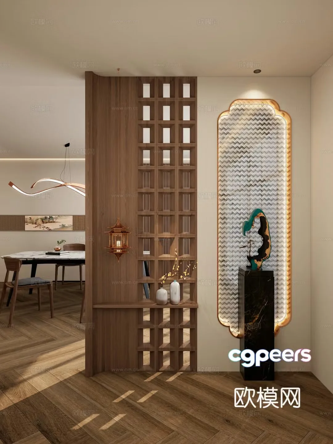 New Chinese-style solid wood shape partition diamond-shaped glass partition 3D model
