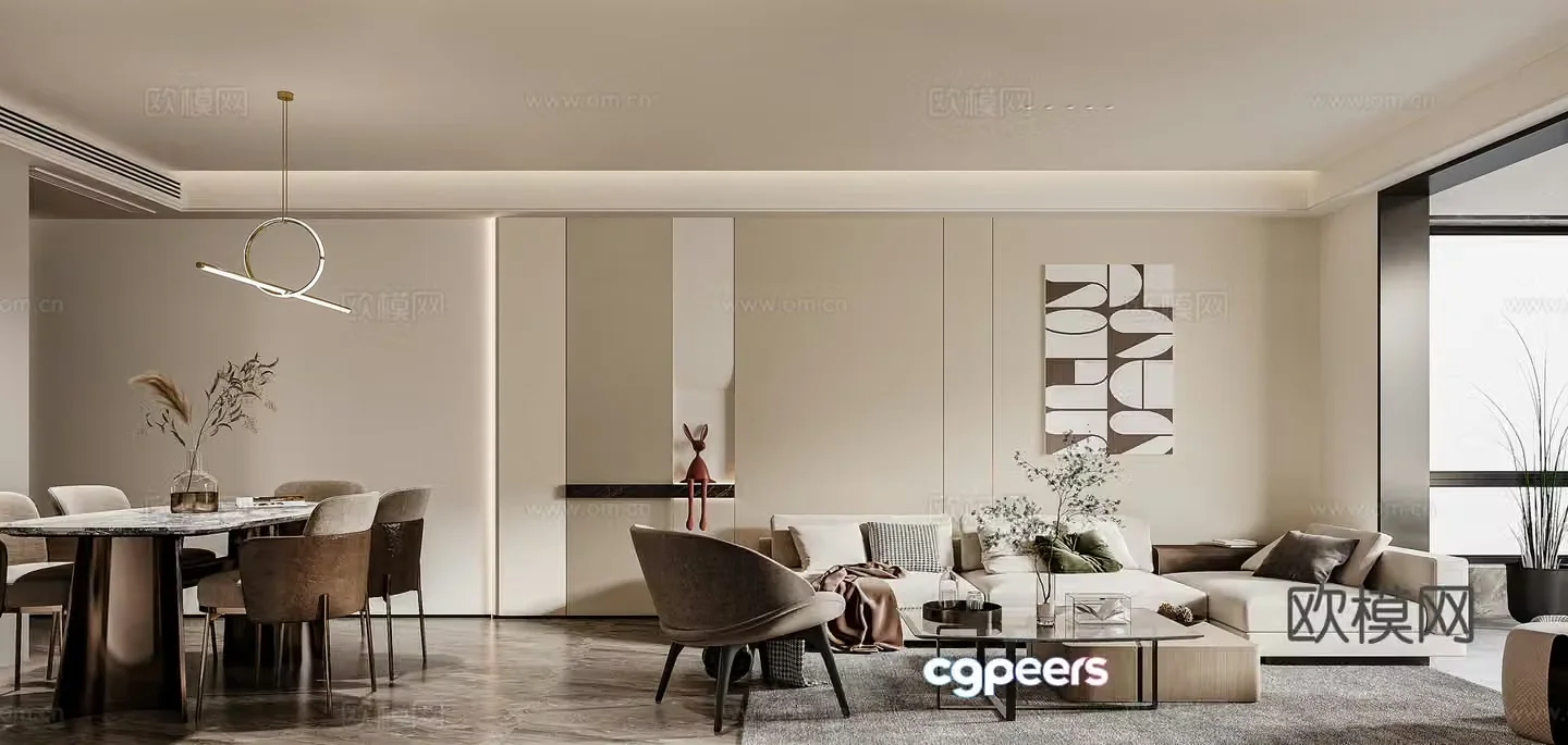 Creamy style dining room minimalist cream style sofa seat combination dining table 3D model