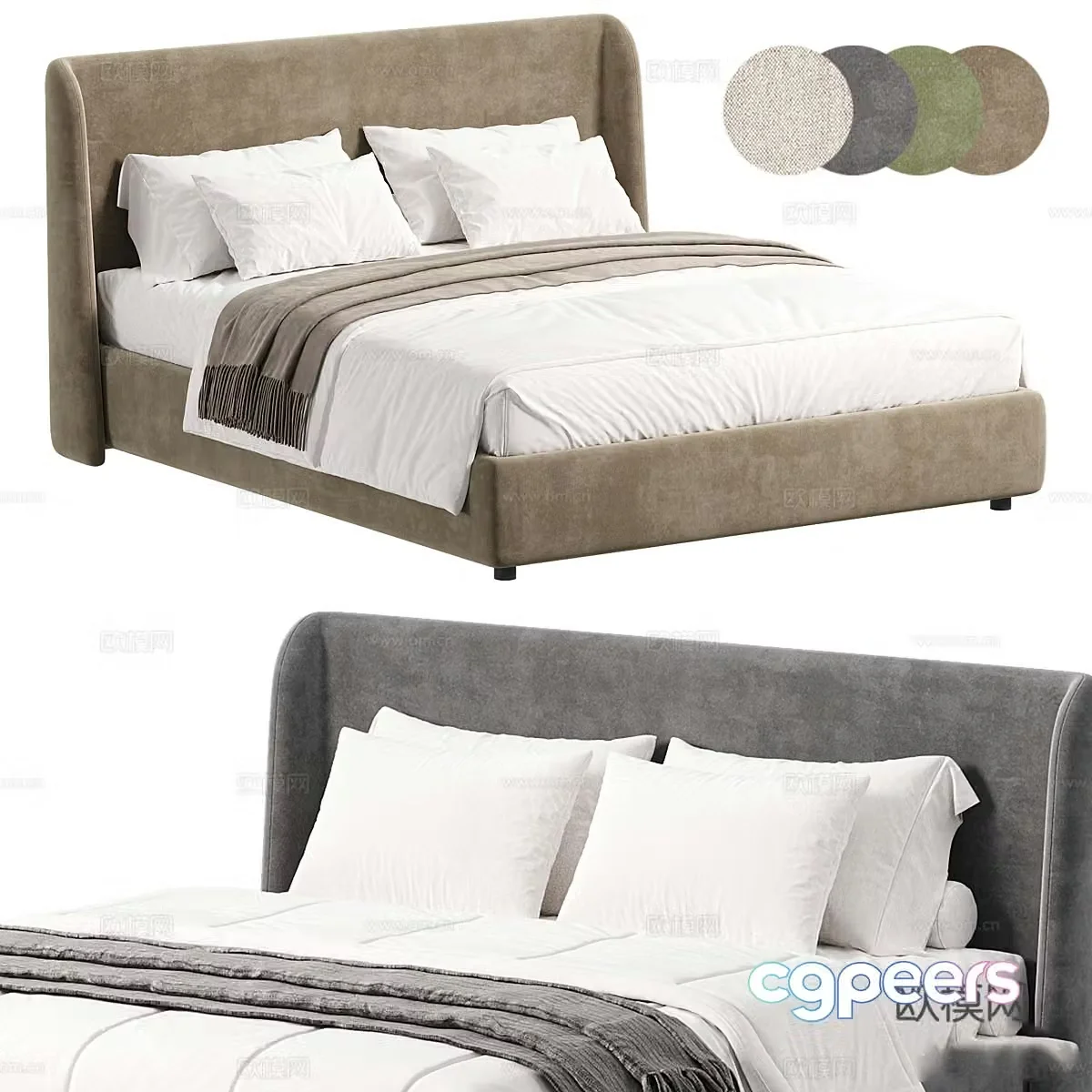 Modern Italian minimalist fabric double bed 3D model