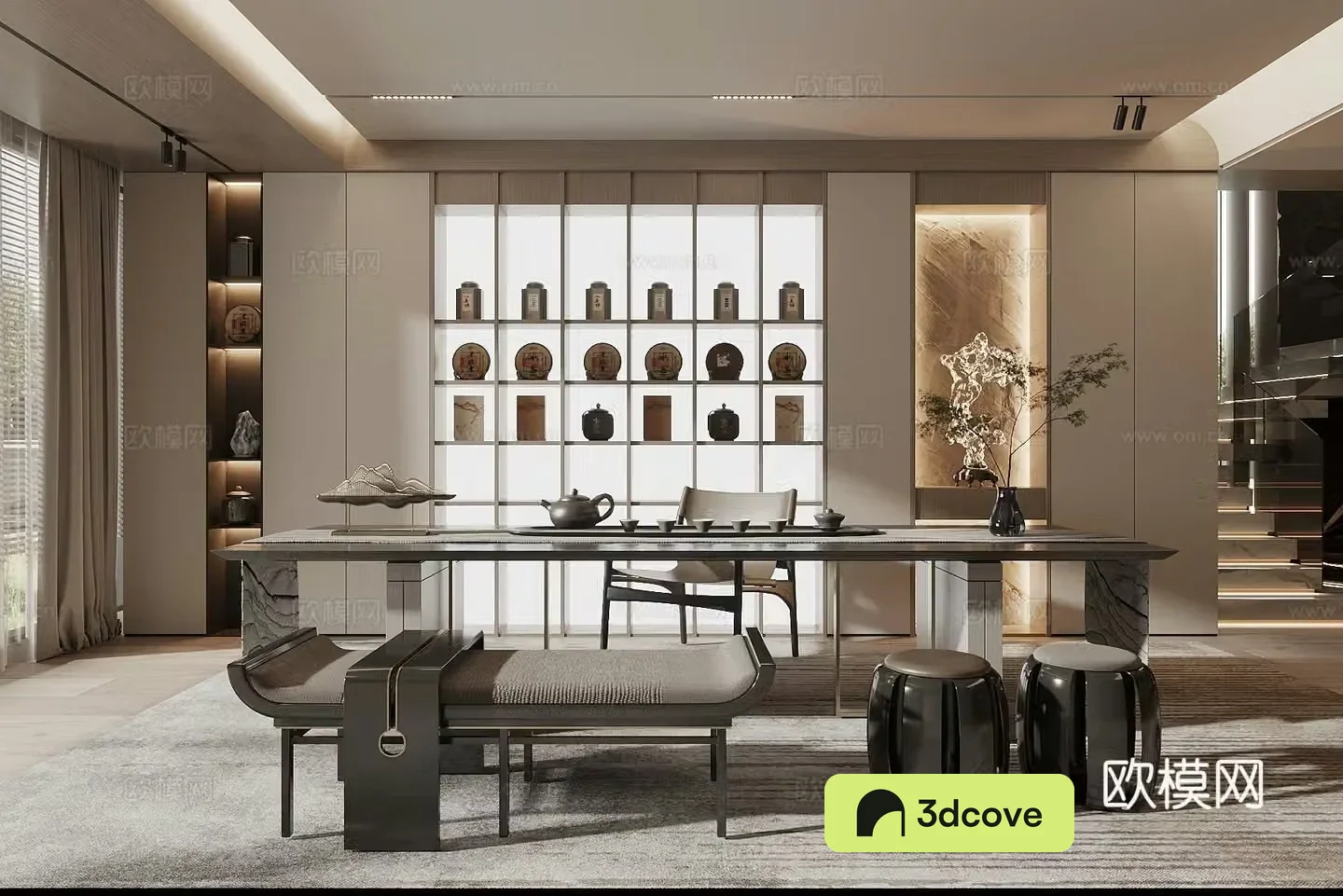 New Chinese style Zen tea room tea tasting area tea table and chair combination living room tea room luminous tea cabinet