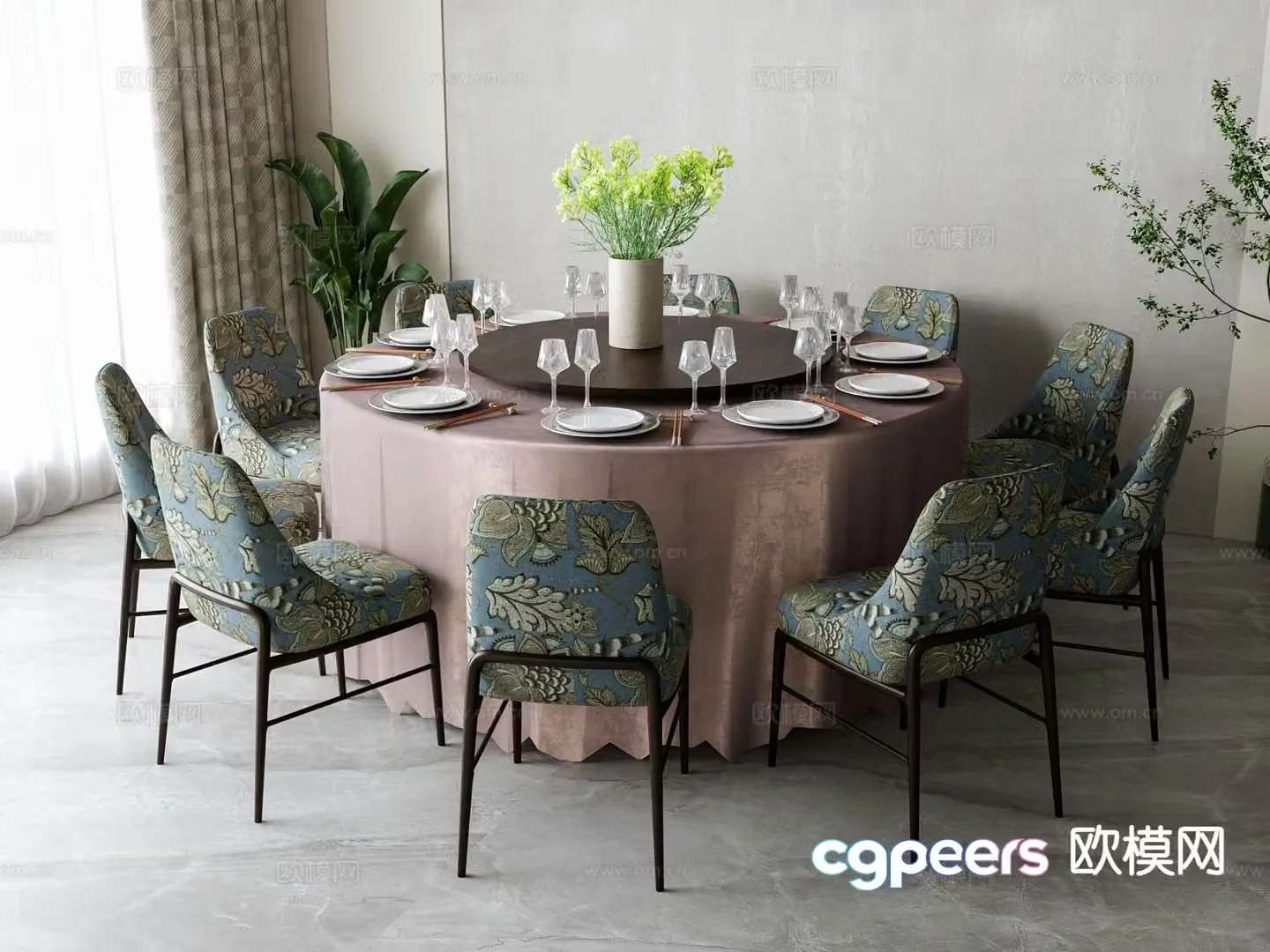 New Chinese style round dining table and chairs 3d model