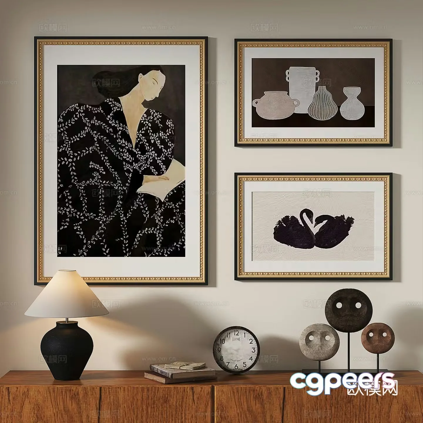 French retro light luxury simple medieval abstract nordic decorative painting 3d model