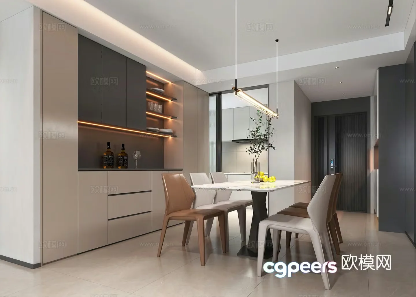 Modern restaurant dining table wine cabinet chandeliers 3d model