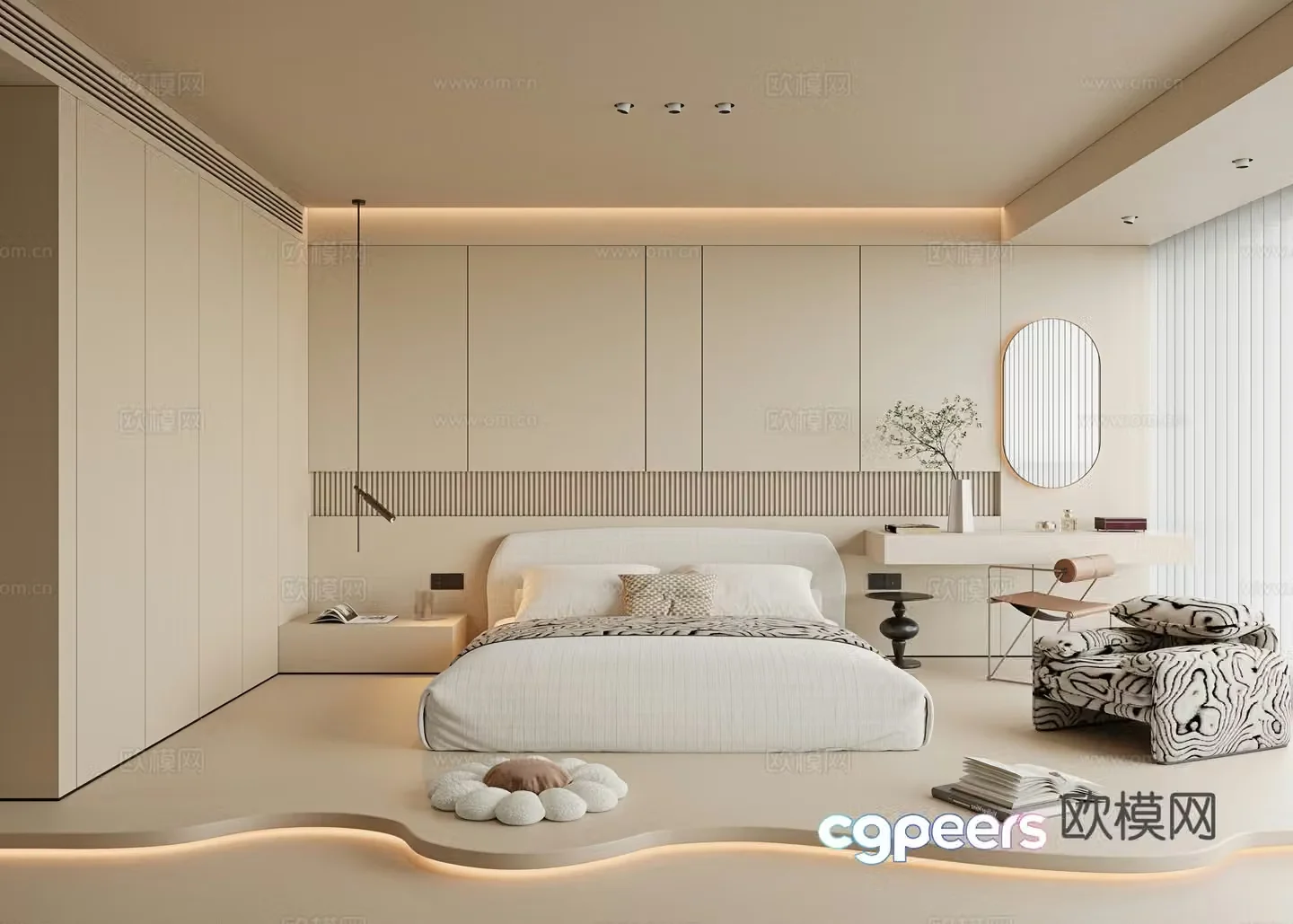 Creamy Bedroom Master Light Bedroom Floor Bedroom Master Bedroom Fabric Double Bed Dressing Table 3D Model