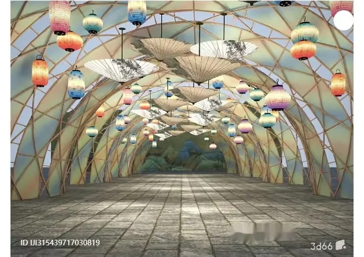 A Large Open Room With A High Ceiling And Many Colorful Lanterns Hanging 3D Model – 3999 – VRAY Render