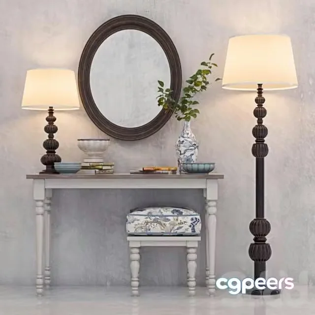 3ds Max Free – Decorative set of classic dressing table with ottoman, lamps and decor.