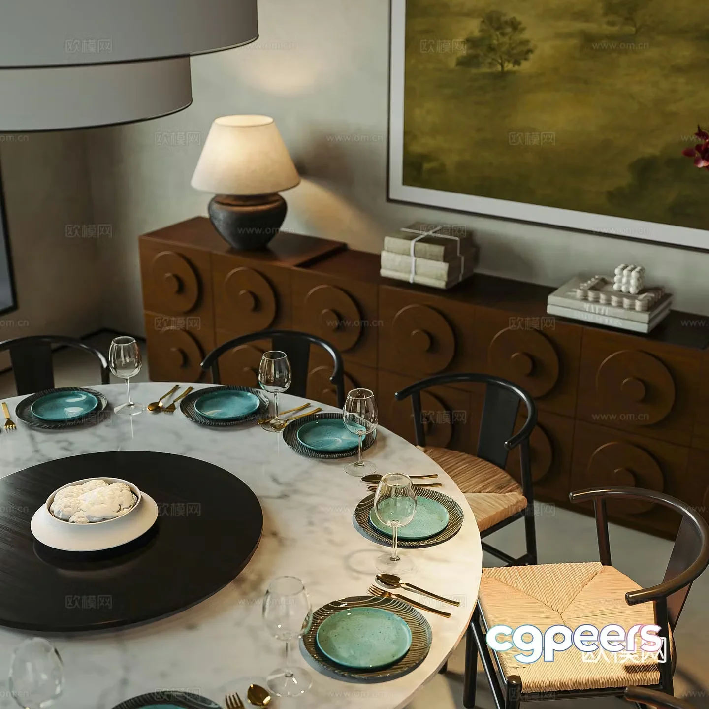 Modern medieval villa restaurant round table restaurant medieval style chest of drawers tea table chair tea cabinet 3d model