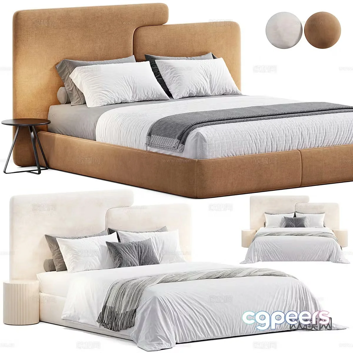 Modern cream style fabric double bed 3d model