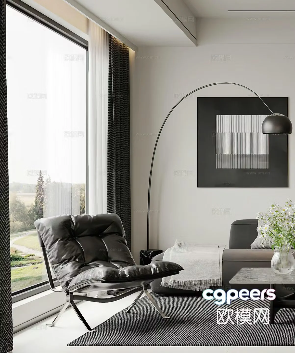 Modern leisure chair floor lamp side table corner table simple leisure chair black white and gray single chair 3D model