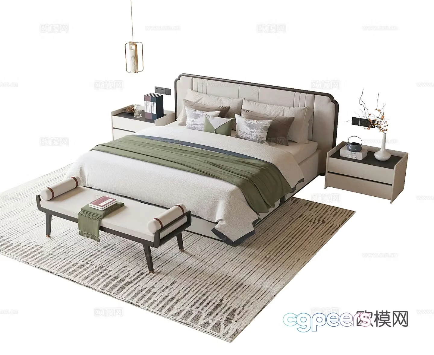 New Chinese style double bed bed tail stool bedside table 3D model