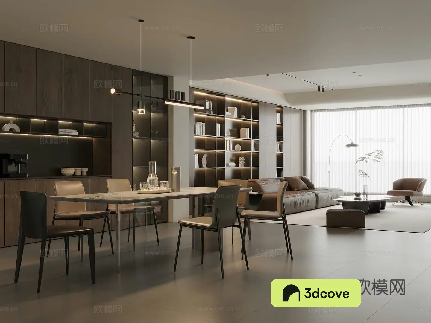 Modern Italian dining room marble dining table and chairs sideboard wine cabinet leather sofa coffee table combination