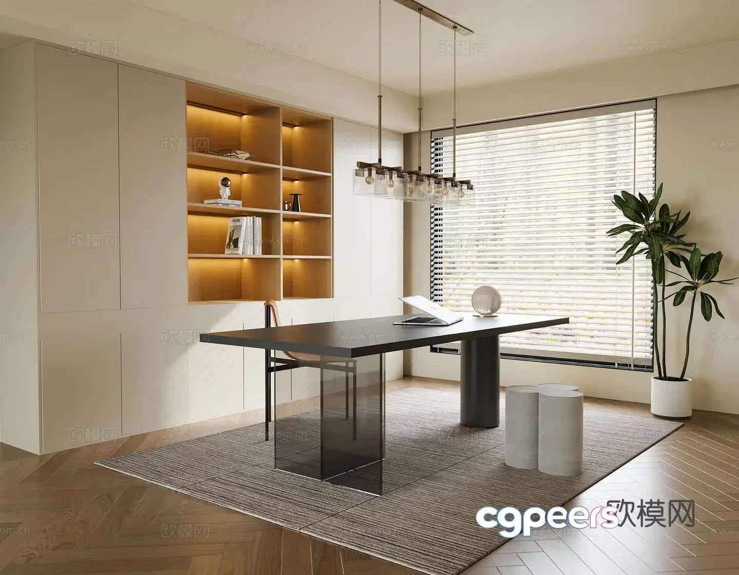 Modern study creamy style study simple study simple desk modern desk office desk 3D model