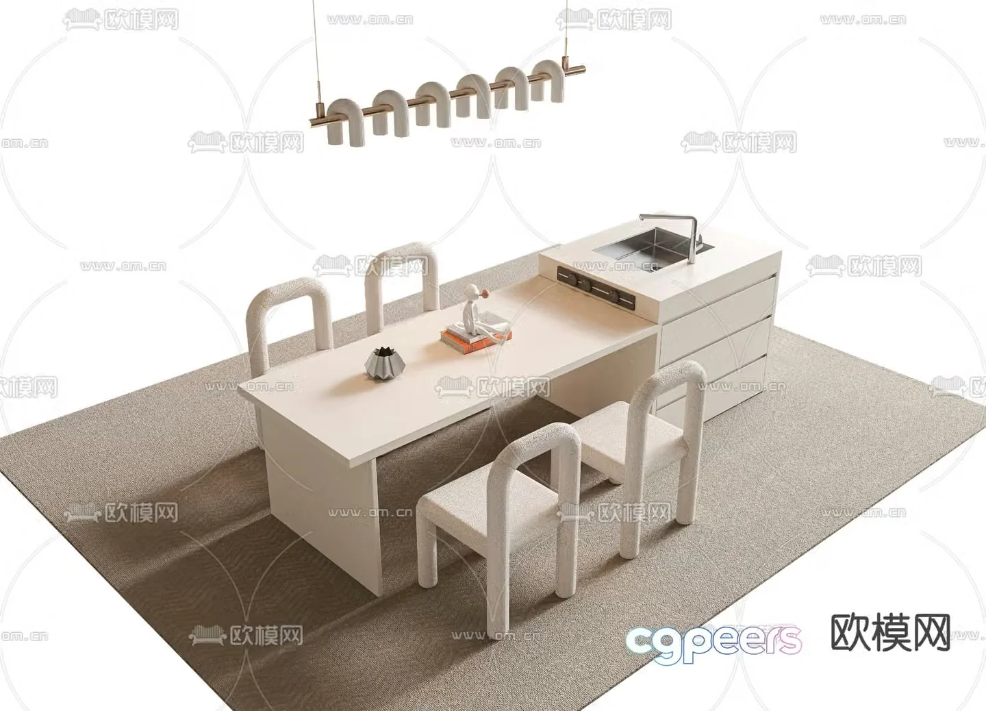 Creamy dining table and chairs Island dining table 3D model