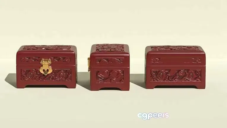 Three Red Chests With Gold Latches 3D Model – 11403 – VRAY Render