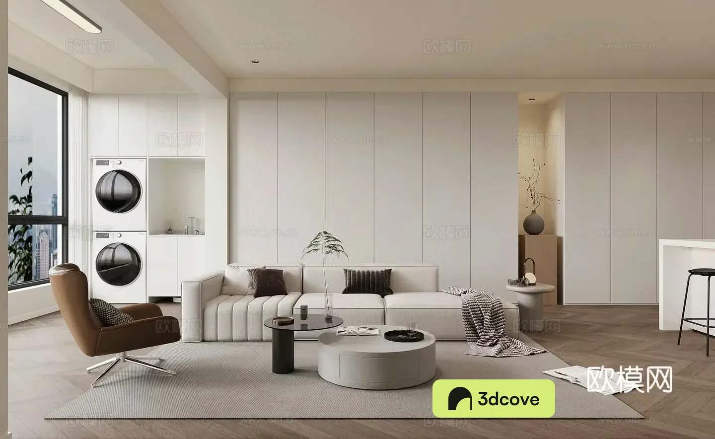 Modern living room Combination sofa Leisure chair Laundry table Washing machine Modern living and dining room Simple
