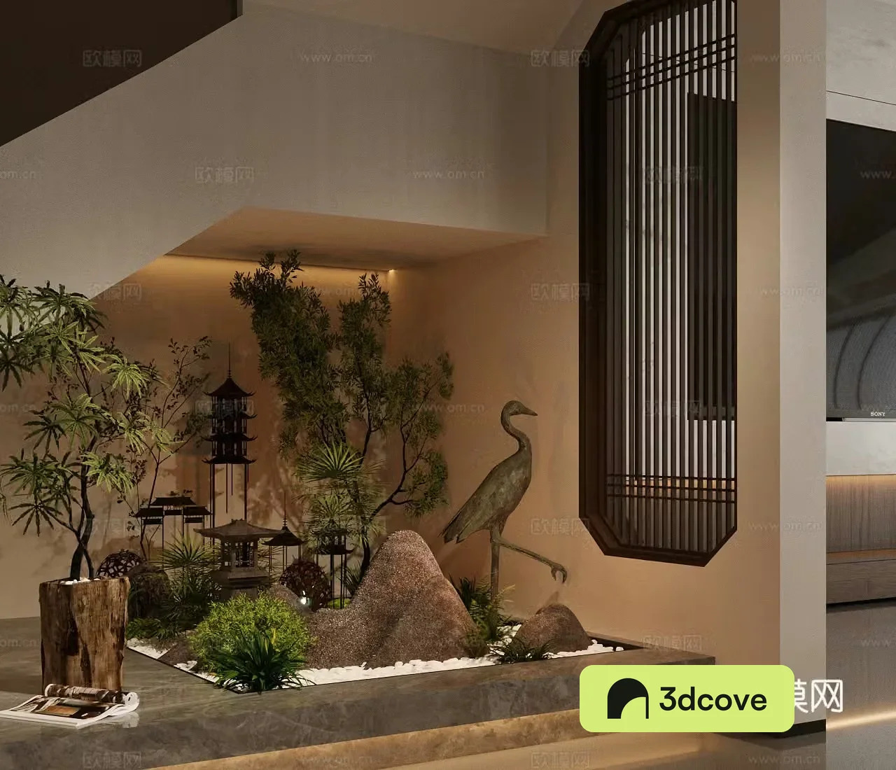 New Chinese Zen interior landscape New Chinese landscape Crane sculpture Chinese stairwell landscape