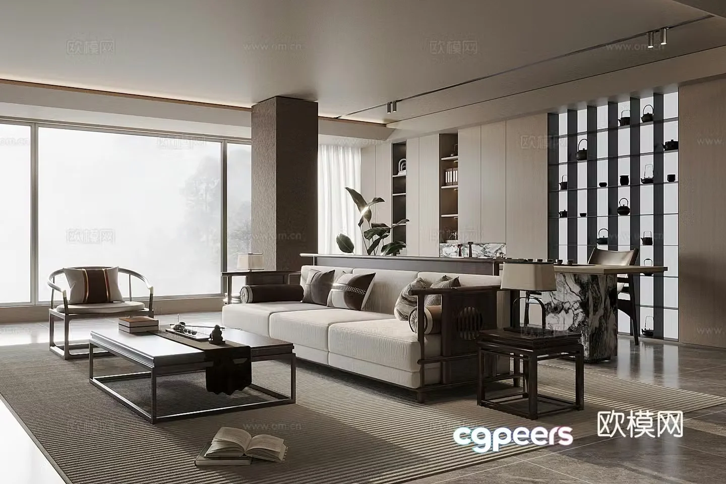 New Chinese-style home living room large living room horizontal living room sofa and coffee table combination 3D model